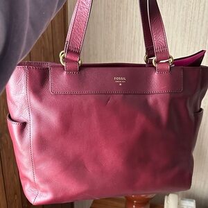 Fossil Wine Red Leather Tote with Gold Hardware